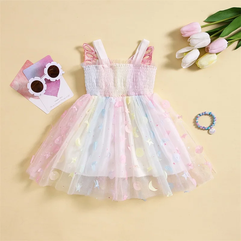 Toddler Kids Girl Summer Senza Maniche Dress Princess Colorful Butterfly Ricamo Tulle Patchwork A-Line Slip Layered Dress