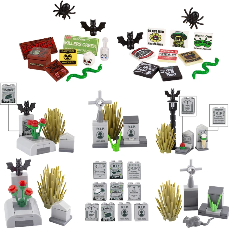 Moc Halloween Building Blocks Accessori Per Figure Zombie Flower Tombstone Skeleton Head Pumpkin Spider Snake Bat Bricks Kids J111