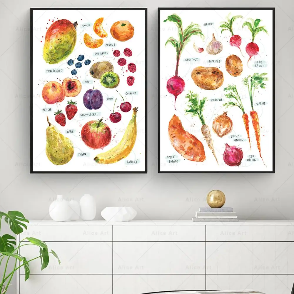 Acquerello Educativo Verdure Frutta Grafico Poster Apprendimento Prescolare Wall Art Canvas Painting Immagini Per La Decorazione Della Camera Dei Bamb