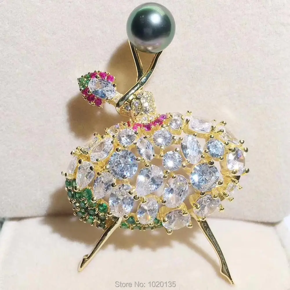Wow! Perla D'Acqua Dolce Nero Coin 9-10Mm E Multicolor Zircon Ragazza Ballerina Spilla Natura All'Ingrosso Fppj