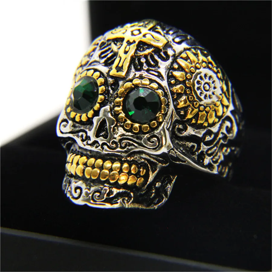 Wow Nuovo Design Crystal Eye Cool Skull Ring 316L Acciaio Inossidabile Moda Popolare Golden Cross Biker Ghost Skull Ring