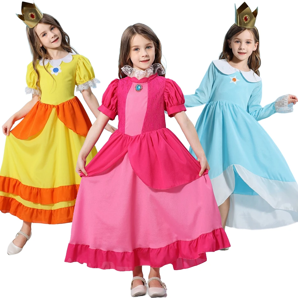 Peach Rosalina Dress Girls Daisy Cosplay Clothes Bambini Halloween Dress Up Outfit Summer Lace Applique Princess Costume