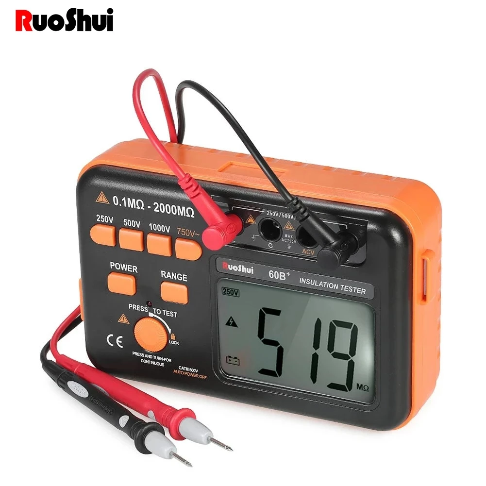 Ruoshui 60B + Tester Di Resistenza Di Isolamento Digitale 1000V Megger Test Dc Ac 2000M Ohm Allarme Di Ingresso Cortocircuito Ad Alta Tensione Vc60B