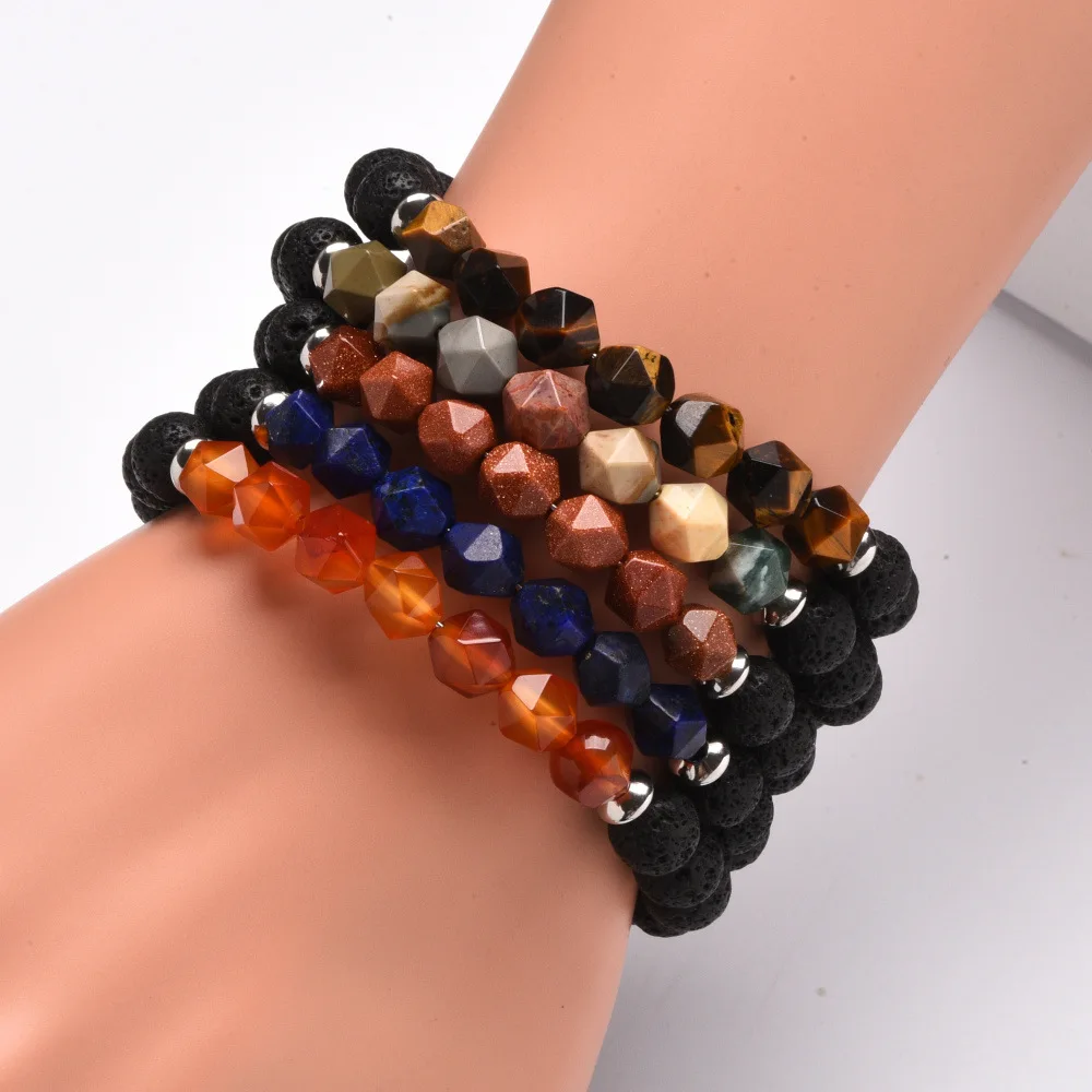 8Mm Amethyst Pink Crystal Polygonal Triangle Faceted Bracelet & Bangle Agate Blue-Vein Stone Lava Stone Aromatherapy Bracelets