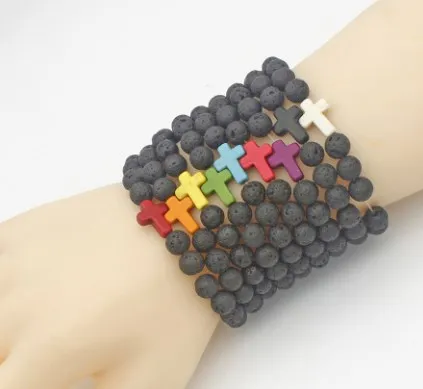 8Mm Black Volcanic Lava Stone Jgh4 Cross Red Blue Red Turquoise Yoga Elastic Thread Adjust Bead Stone Bracelet Bangles