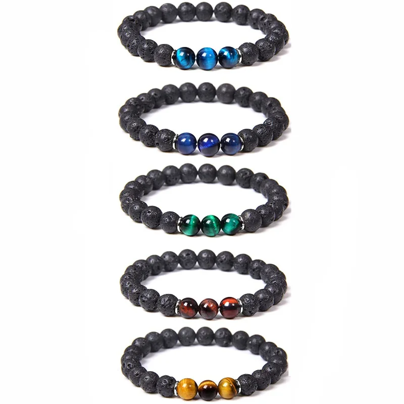 10Pcs 8Mm Black Lava Bead Blue Tiger Eye Stone Bracciale Per Donna Uomo Energy Jewelry Buddha Strench Jewelry