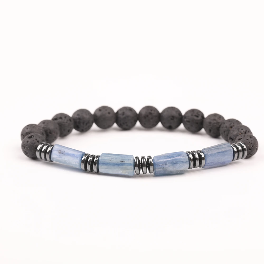 10 Pz/Lotto Naturale Blu Kyanite Pietra Chunky Perline Pepita 8 Millimetri Nero Della Lava Rotonda Perline Stringa Elastica Dei Monili Del Braccialett