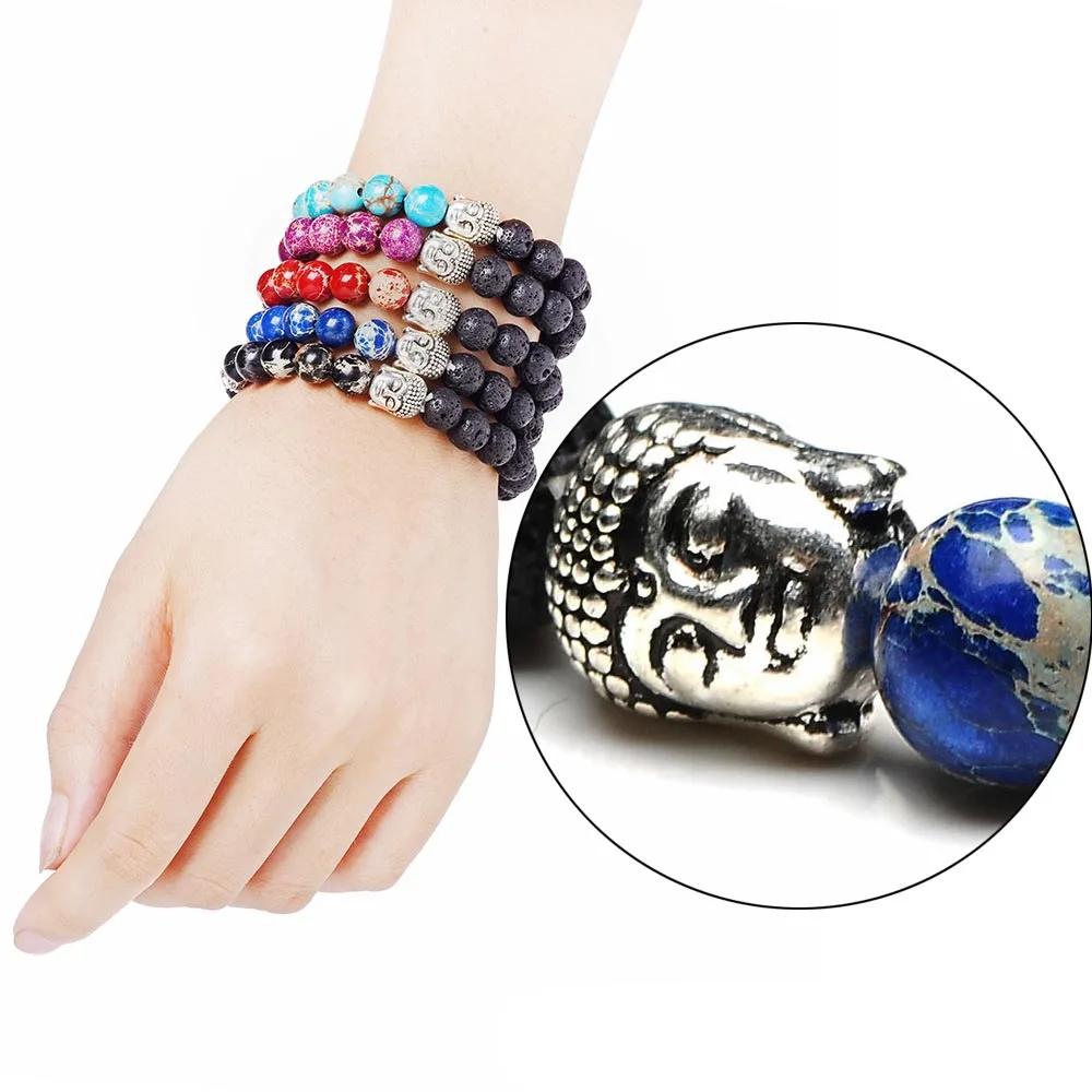 8Mm Red Blue Purple Black Imperial Stone Charm Bracelet Lava Stone Buddha Head Beaded Bracelets For Women Men Disciple Gift