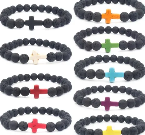 8 Millimetri Nero Lava Vulcanica Pietra Xf323 V Croce Rossa Blu Rosso Turchese Yoga Filo Elastico Regolare Bead Braccialetto Di Pietra Braccialetti