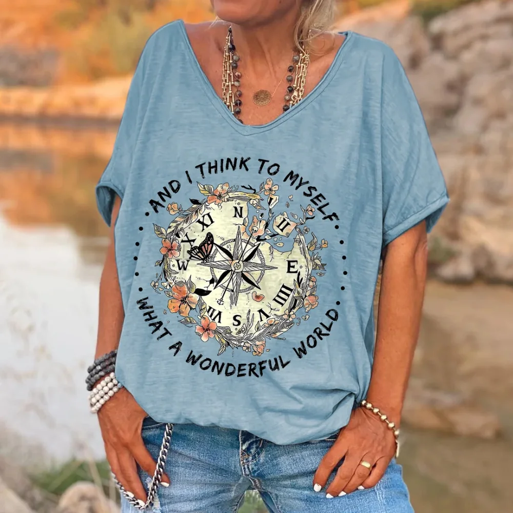 Rheaclots Women'S And I Think To Me What A Wonderful World Printed Hippie T-Shirt