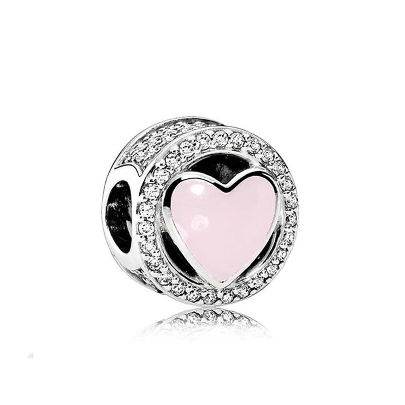 Autentico 925 Sterling Silver Bead Wonderful Love Pink Heart Pave Halo Charm Fit Pandora Women Bracciale Bangle Gift Gioielli Fai Da Te