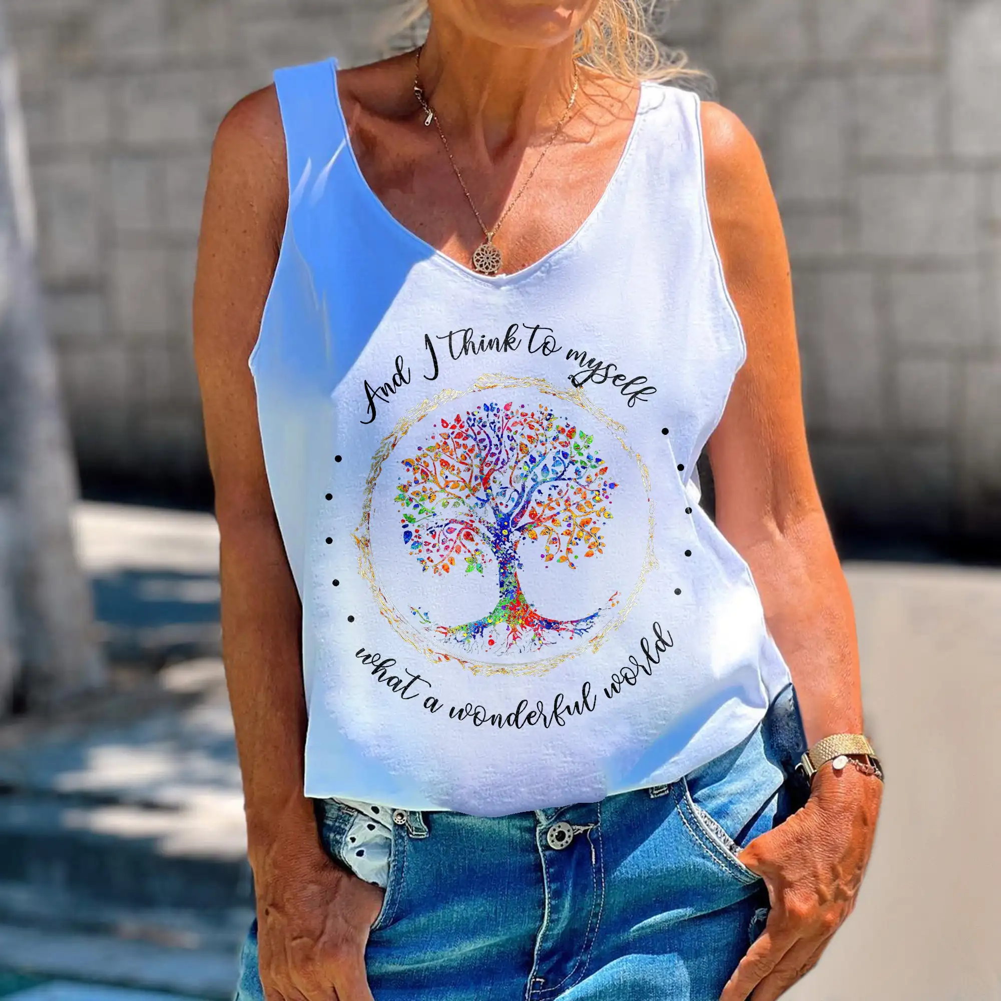 Rheaclots Women'S And I Think To Me What A Wonderful World Printed Tank