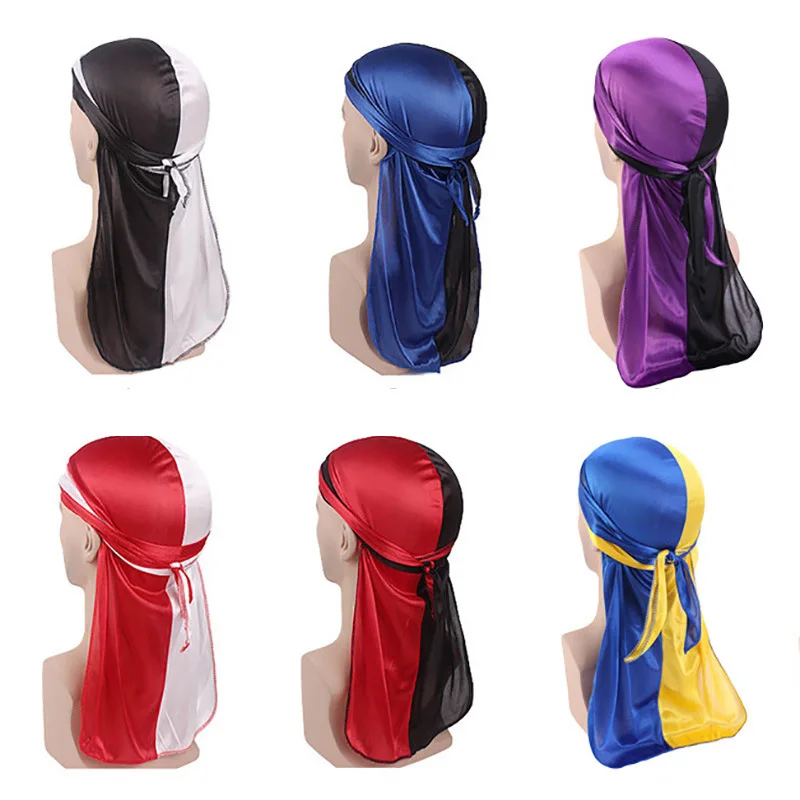Popolare Europeo E Americano Simile Alla Seta Bicolore Abbinato Hee Pirate Hat Long Tail Strap Tam-O'-Shanter Silky Durag