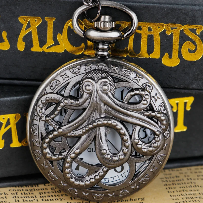 New Classic Octopus Hollow Hunter Orologio Da Tasca Al Quarzo Nero Steampunk Con Collana A Catena Regalo Per Bambini