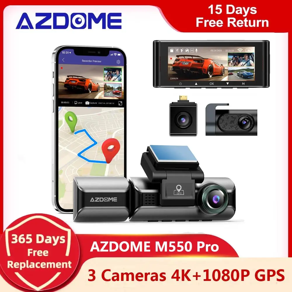 Azdome M550 Pro 3 Fotocamera Dash Cam 4K Anteriore + 1080 Rearcam Car Dvr Gps Wifi Integrato Registratori Per Auto Ir Night Vision App Control