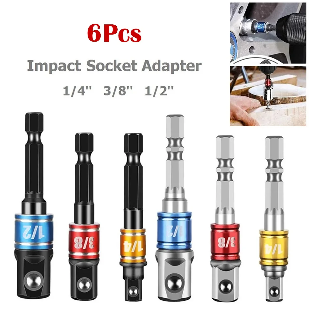 6Pcs Drill Socket Adapter Impact Drill Extension Drill Bits Bar Socket Adapter 1/4 3/8 1/2 Size Hex Shank Square Head Drill Bit