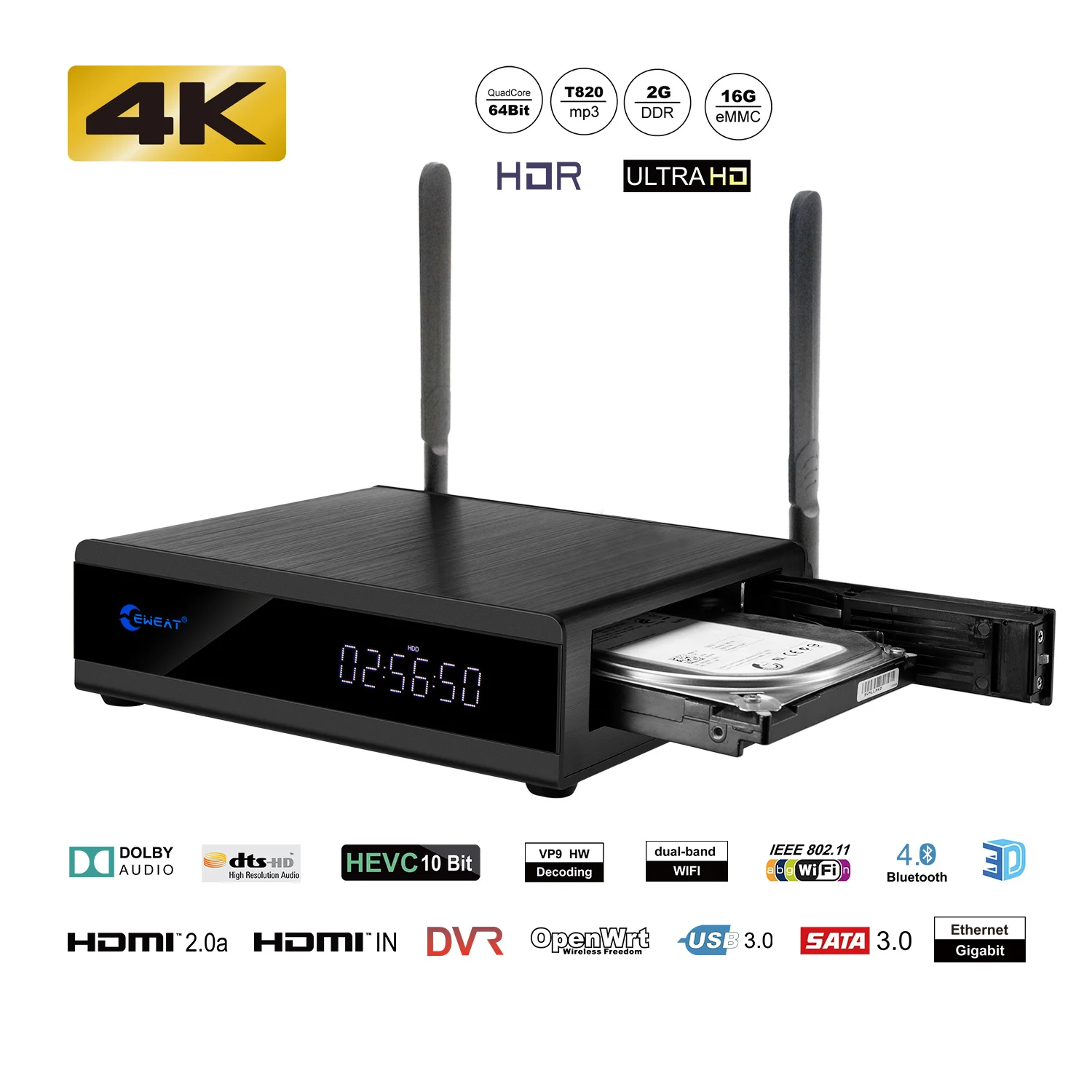 4K Bluray Hdd Media Player Originale Eweat R9Plus Smart Tv Box 2G/16G 802.11Ac Wifi Bt4.0 1000M Lan Per Sistema Domestico