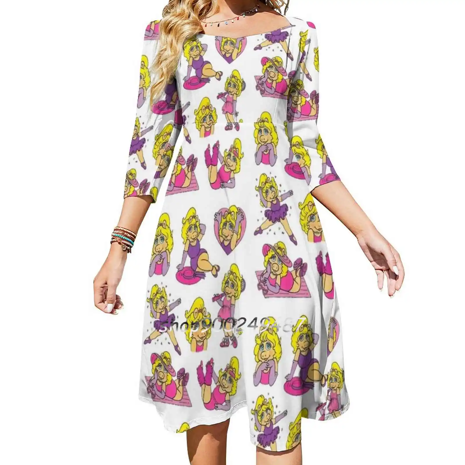 1980S Piggy Flare Dress Square Neck Dress Elegante Moda Femminile Stampato Dress Miss Piggy Anni '80 Vintage Retro Piggy Nostalgia