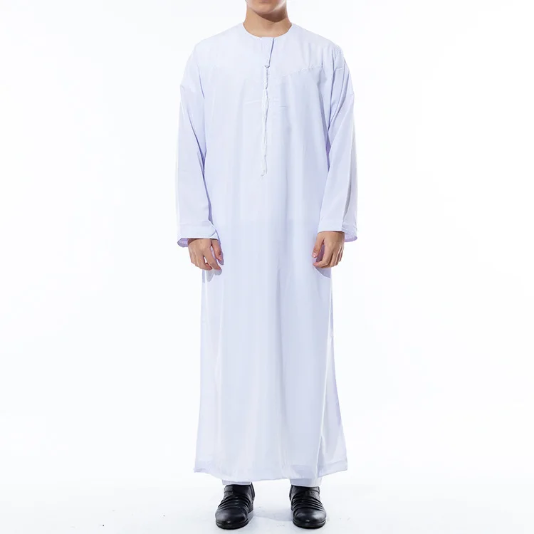 Moda Musulmana Uomo Jubba Thobe Manica Lunga Colore Bianco Girocollo Arabo Islamico Caftano Uomo Abaya Abbigliamento Islamico