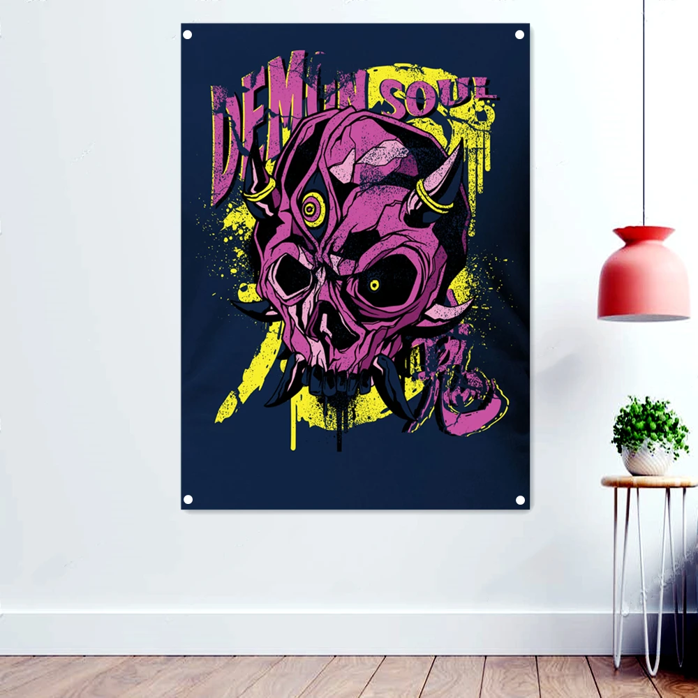 Demon Soul Heavy Metal Band Icon Flags Arazzo Rock Music Poster Pittura Wall Chart Skull Tatuaggi Art Hanging Cloth Wall Decor