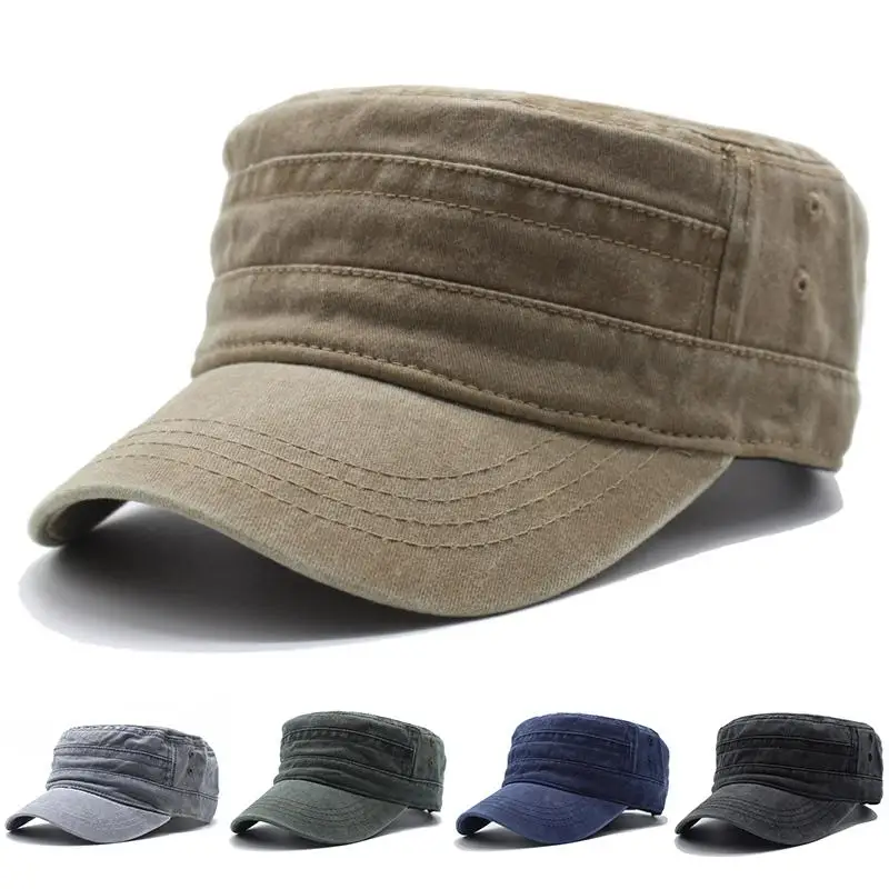 New Washed Cotton Flat Top Berretto Militare Regolabile Outdoor Fisherman Caps Donna Uomo Cadet Army Cap Retro Army Hats Bone Man Cap
