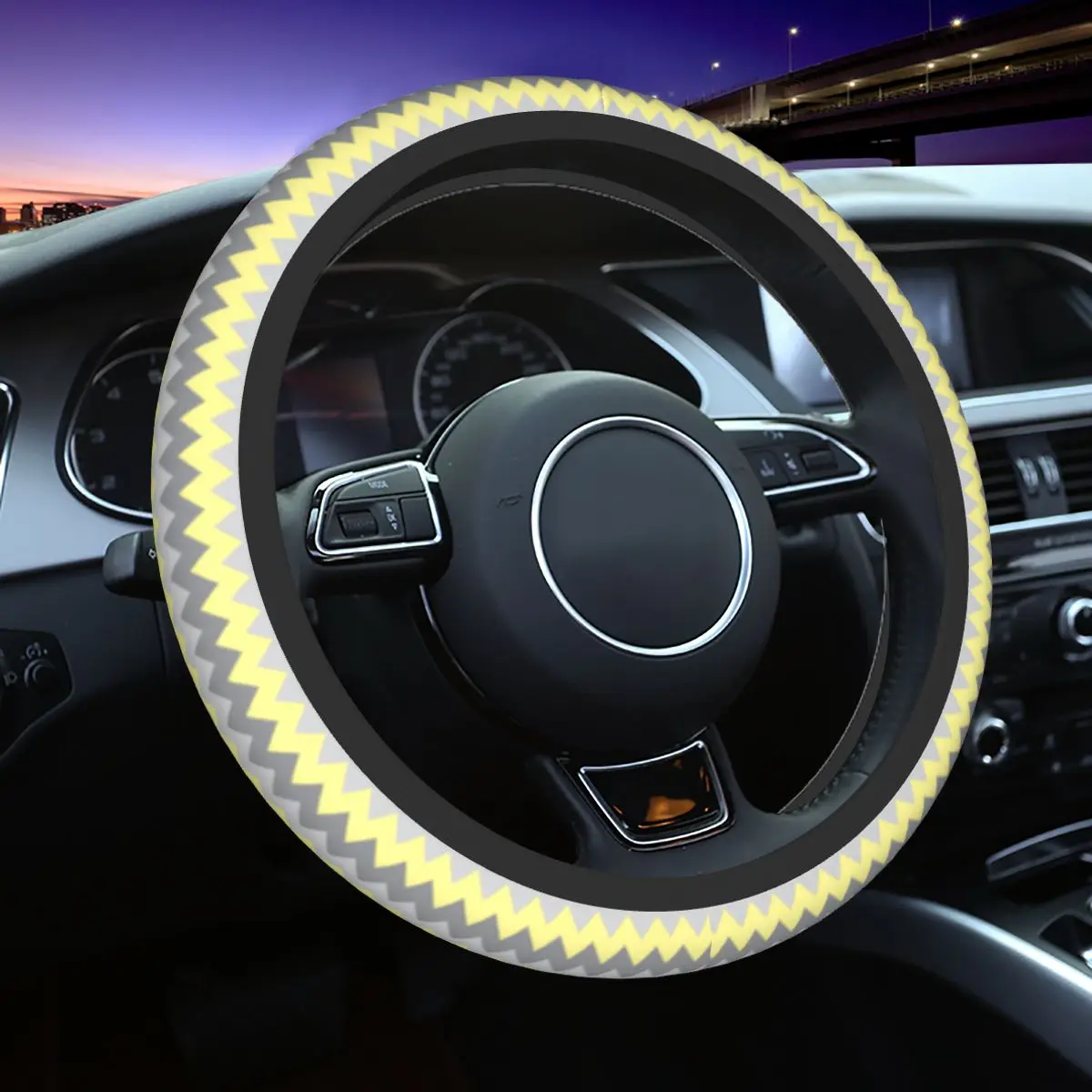 Yellow And Gray Zigzag Car Steering Wheel Cover 37-38 Elastic Zig Zag Steering Wheel Protective Cover Fashion Car-Styling