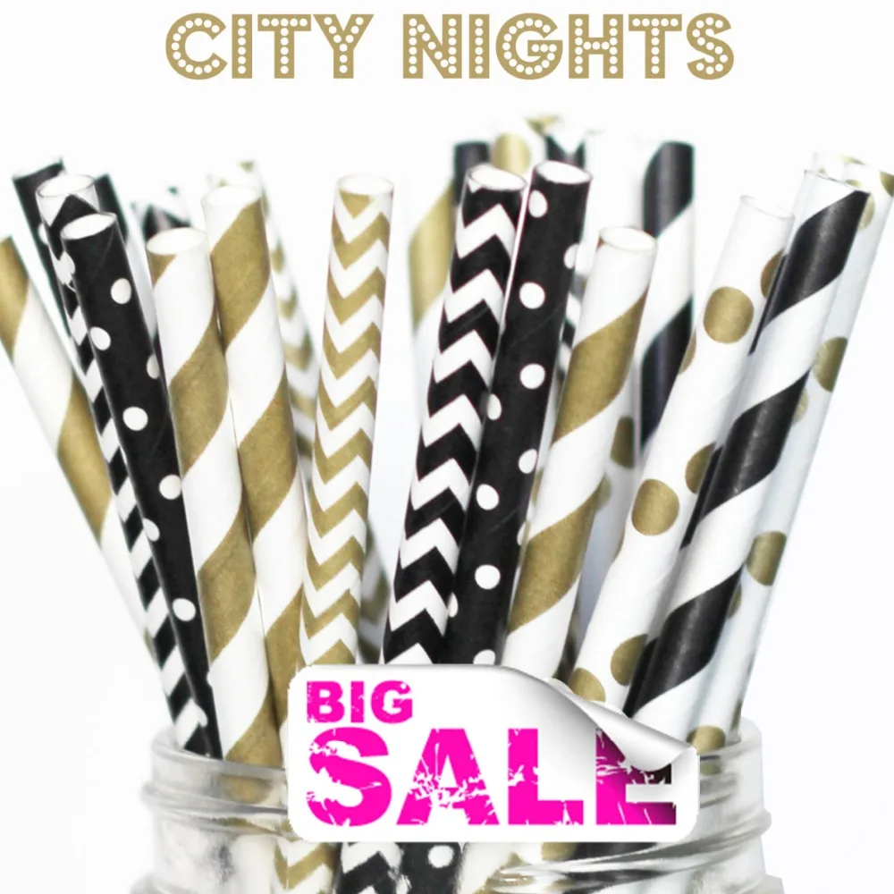 150 Pezzi Mix Colors City Nights Party Paper Cannucce, Metallic Gold Striped,Polka Dot,Chevron,Black Stripe,Dot,Zig Zag, Capodanno