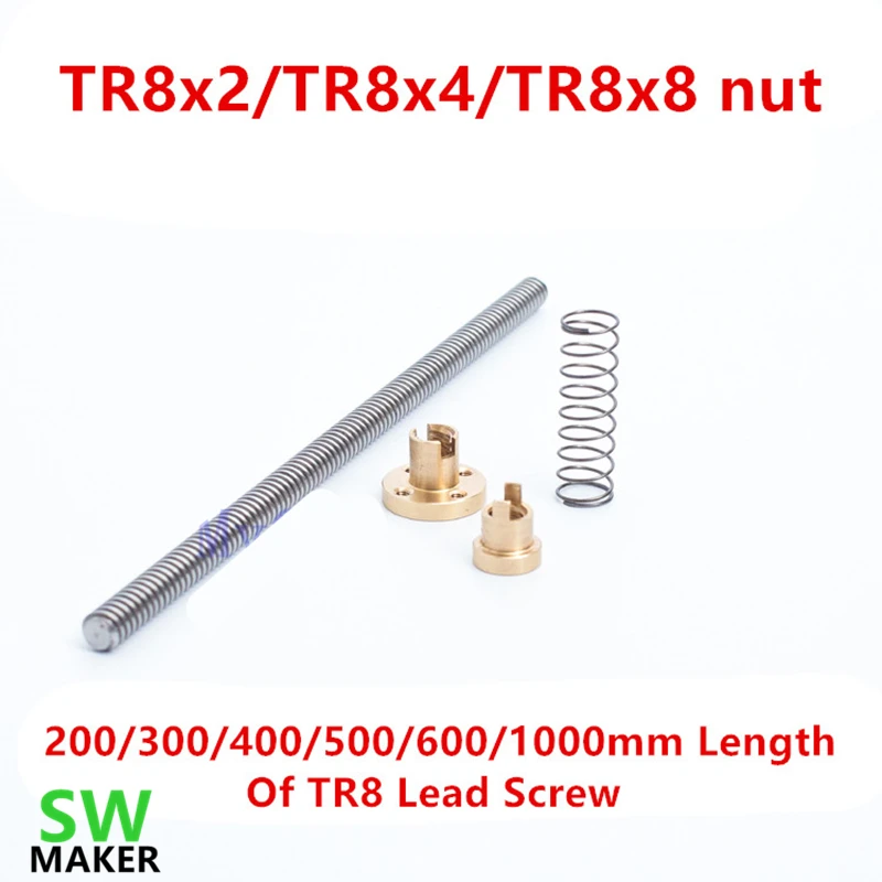 200/300/400/500Mm Lunghezza Tr8 Vite Di Comando + Tr8 Dado Anti Gioco Caricato A Molla Eliminazione Dado Gap Per Reprap