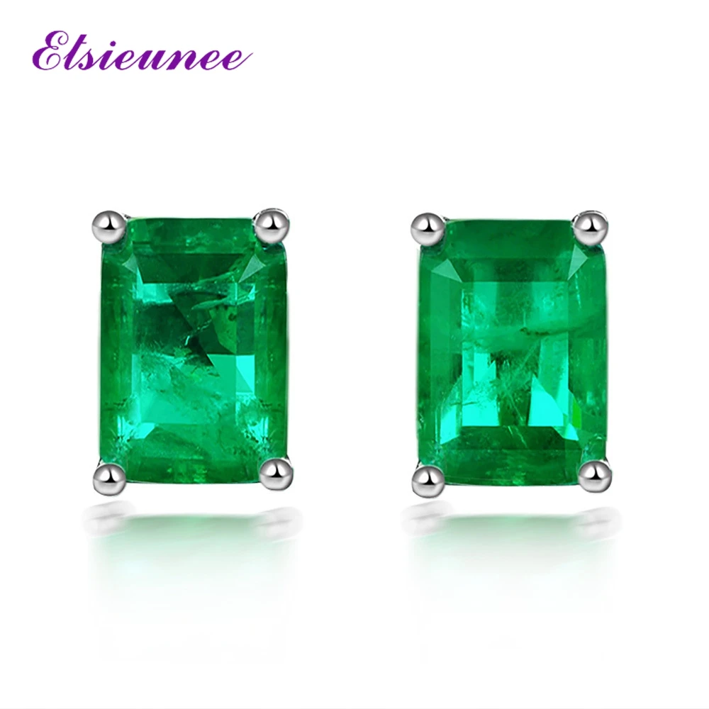 Elsieunee Vintage 925 Sterling Silver 1Ct 5*7Mm Emerald Paraiba Tormaline Orecchini A Bottone 18K Placcato Oro Bianco Fine Jewelry Gift