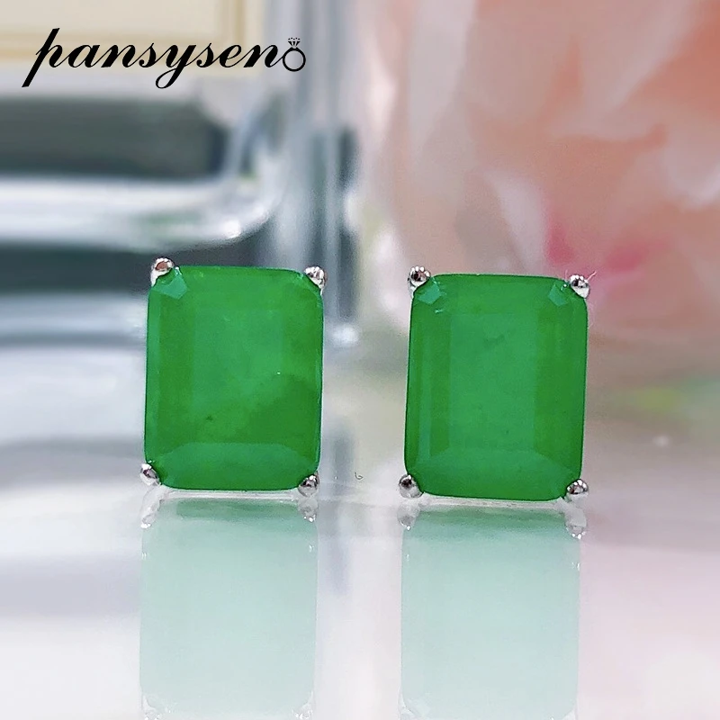 Pansysen Vintage 925 Sterling Silver 8X10Mm Emerald Paraiba Tormalina Orecchini A Bottone In Pietra Preziosa 18K Placcato Oro Bianco Gioielleria Raffi