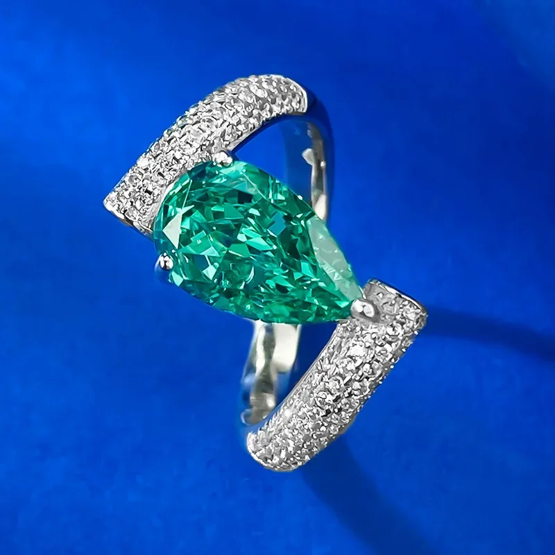 Spring Qiaoer 925 Sterling Silver Pear Paraiba Tourmaline High Carbon Diamond Gemstone Cocktail Women Ring Gifts Jewelry