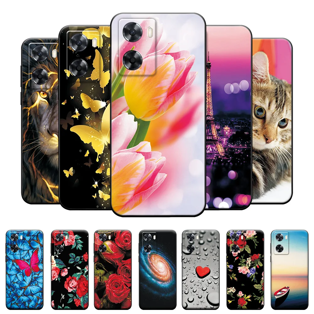Per Oppo A57S Cover A57E A57 Flowers Black Matte Soft Back Case Per Oppo A77 4G A57 A57S A57E 6.56 "Paraurti Protettivo Per Telefono