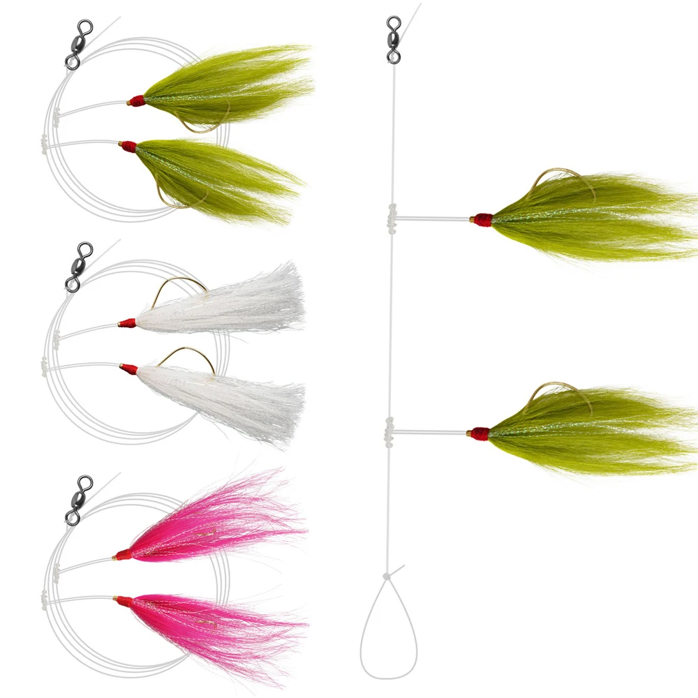 3 Confezioni Branzino Hi/Lo Rigs Mylar Bucktail Teaser Legato A Mano Wide Gap Ganci Per Fluke Bait Trota Pompano Impianti Di Pesca In Acqua Salata