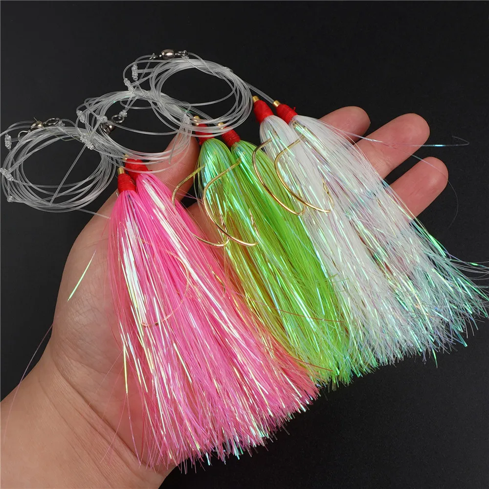 3 Confezioni Branzino Hi-Lo Rigs Mylar Bucktail Teaser Legato A Mano Wide Gap Ganci Per Fluke Bait Pompano Rig Leader Esche Da Pesca
