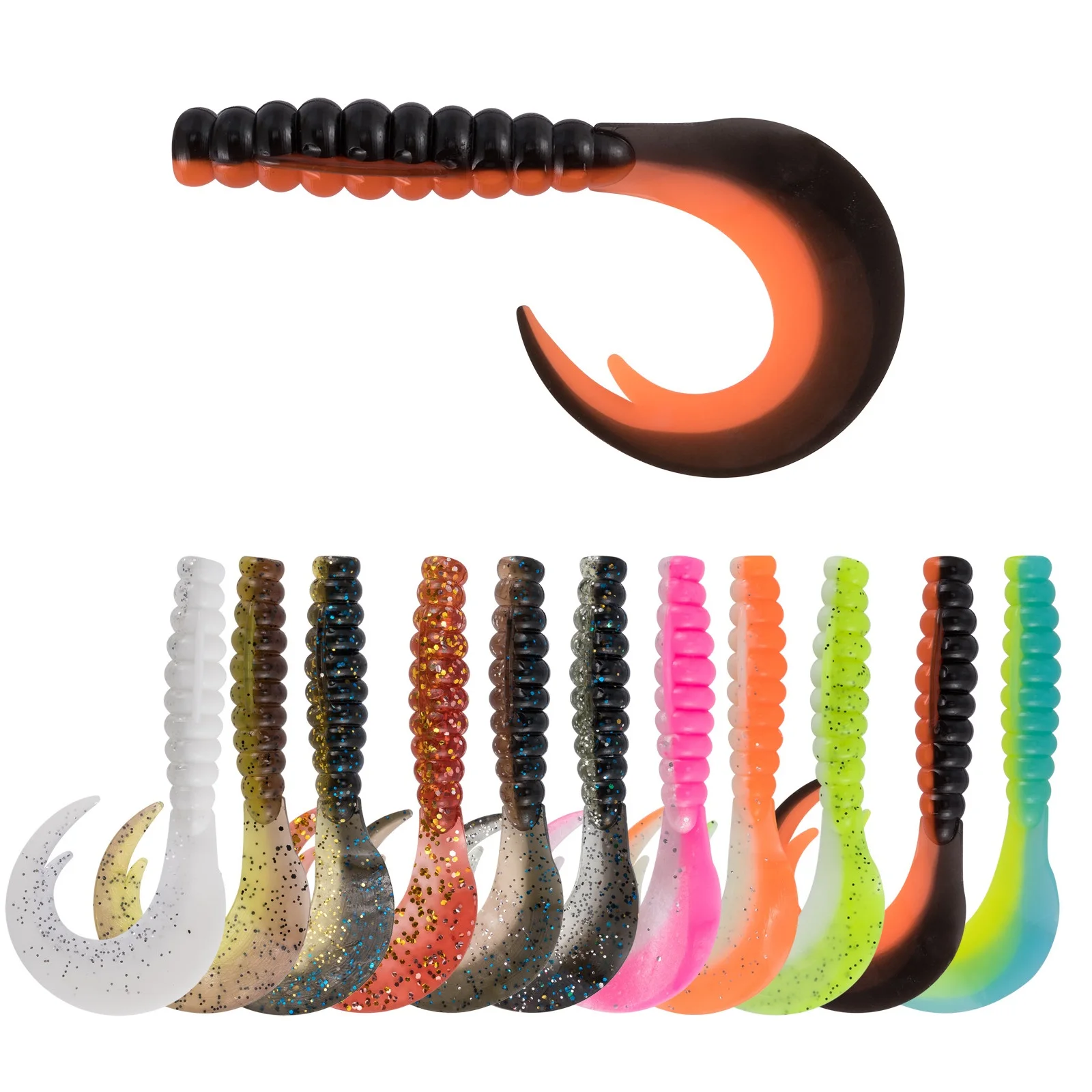 10Pcs Grub Soft Fishing Lures Plastic Worm Swimbaits Ribbon Tail Fluke Shad Bait Per Freshwater Bass Crappie Walleye Panfish