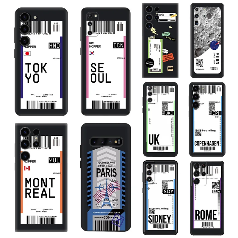 Roma Uk Travel Ticket Label Custodie In Silicone Nero Per Samsung Galaxy S23 Ultra 5G S22 S21 S20 Fe Plus Note 20 10 9 8 S10 E