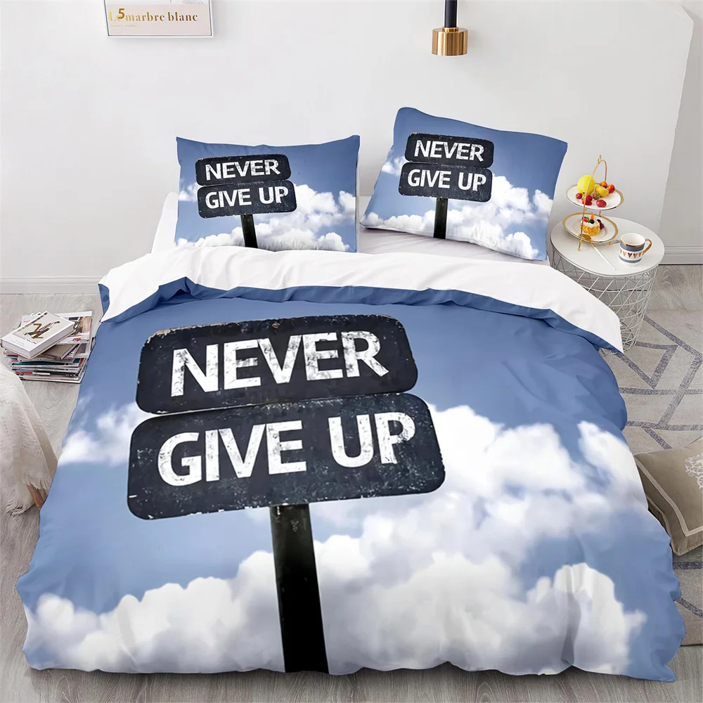 Never Give Up Theme Duvet Cover Set White Cloud Pattern King Queen Size Comforter Cover Polyester Quilt Cover For Kids Teens