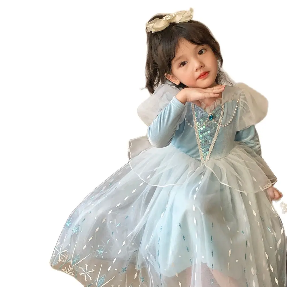 Vendita Calda Ice Princess Elsa Cosplay Sky Blue Deluxe Princess Queen Dress Halloween Girl Castle Carnival Party