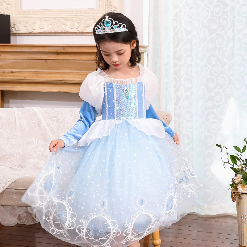 Vendita Calda Ice Princess Cosplay Sky Blue Deluxe Princess Queen Puff Sleeve Dress Halloween Girl Castle Carnival Party