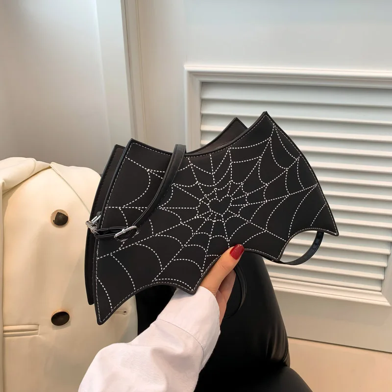 New Bat Wing Unique Chain Straddle Bags Spider Web Pattern Trend Handbag Funny Dark Punk Bat Crossbody Bags Pu Leather Totes Bag