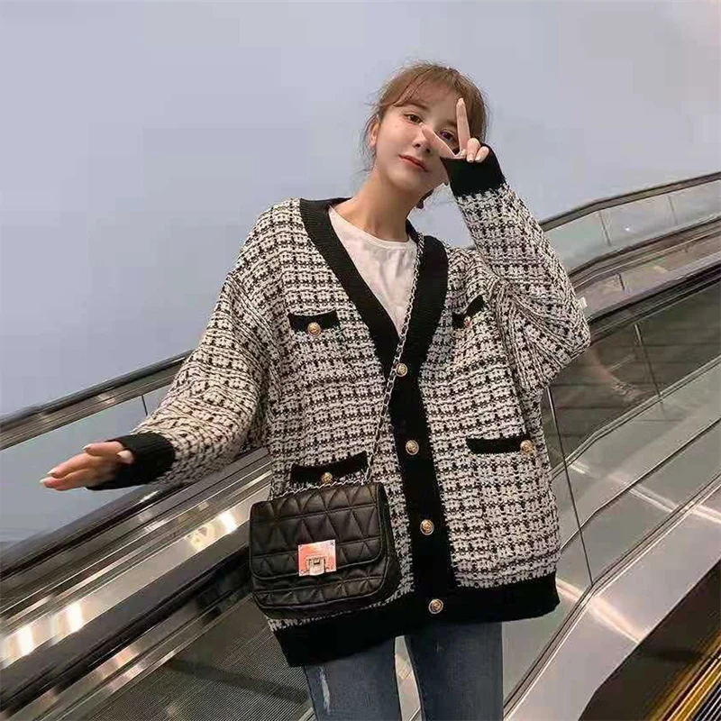 Under 5, 20370 (1 6) Not Make Web Celebrity Figure Grid Stripe Knitting Cardigan Pocket 52 [1001]