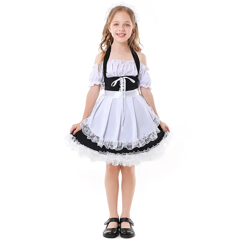Bambini Bambino Bella Cameriera Costume Cosplay Per Ragazze Lolita Nero Bianco Halter Dress Halloween Fantasia Costumi