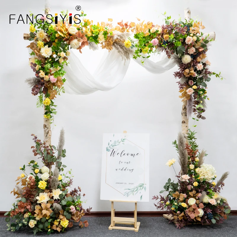 Yellow Autumn Wedding Arch Backdrop Decoration Artificial Flower Arrangement Flower Row Road Lead Floral Art Party Stage Props