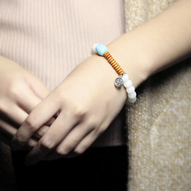 Letteratura E Arte In Stile Cinese White Jade Bodhi Hand String Tianhe Stone Bodhi Single Ring Bracciale Regalo Femminile
