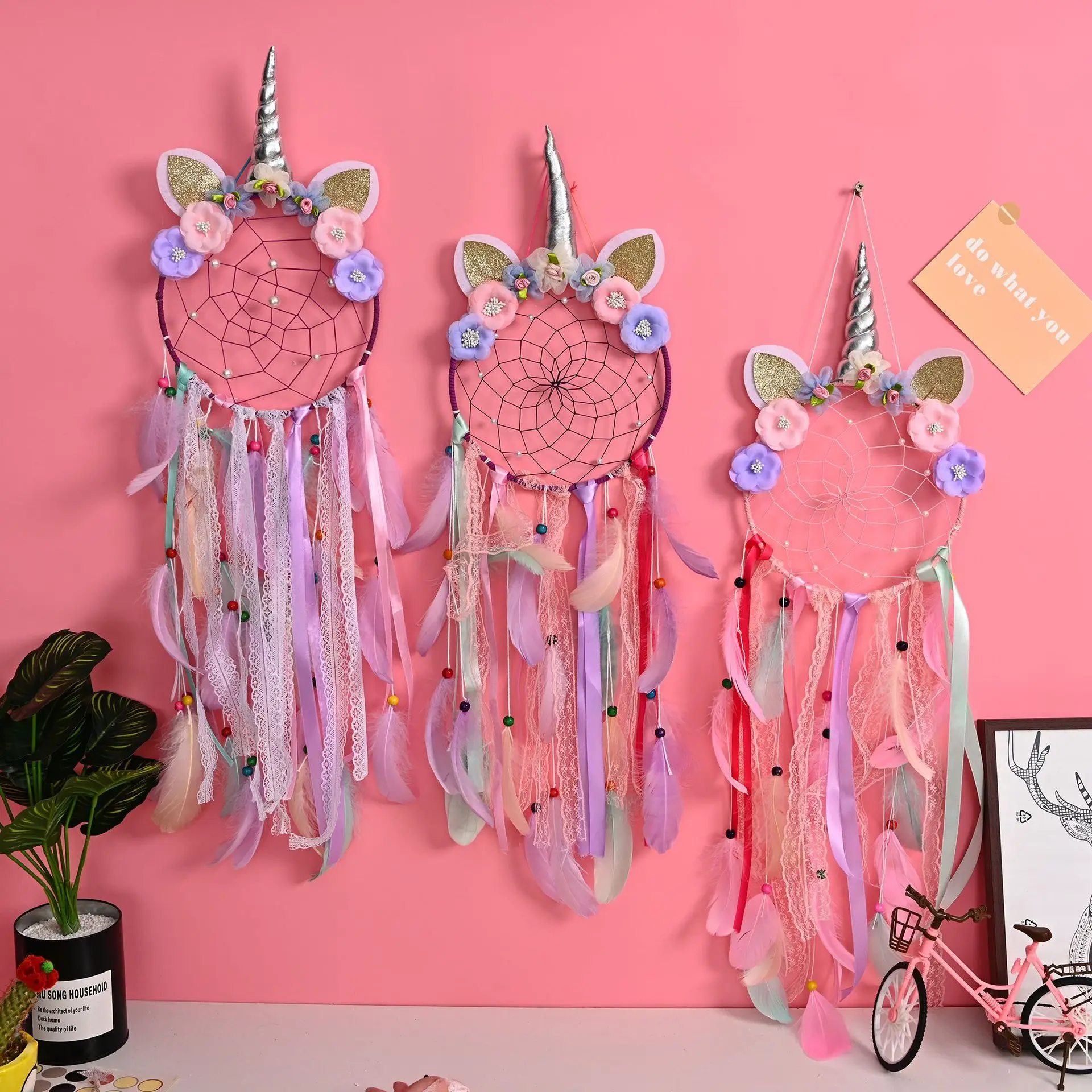 Pink Room Decor Campanelli Eolici Led String Lighting Up Feather Unicorn Dream Catcher Girls Room Tent Decor Nordic Hanging Ornament