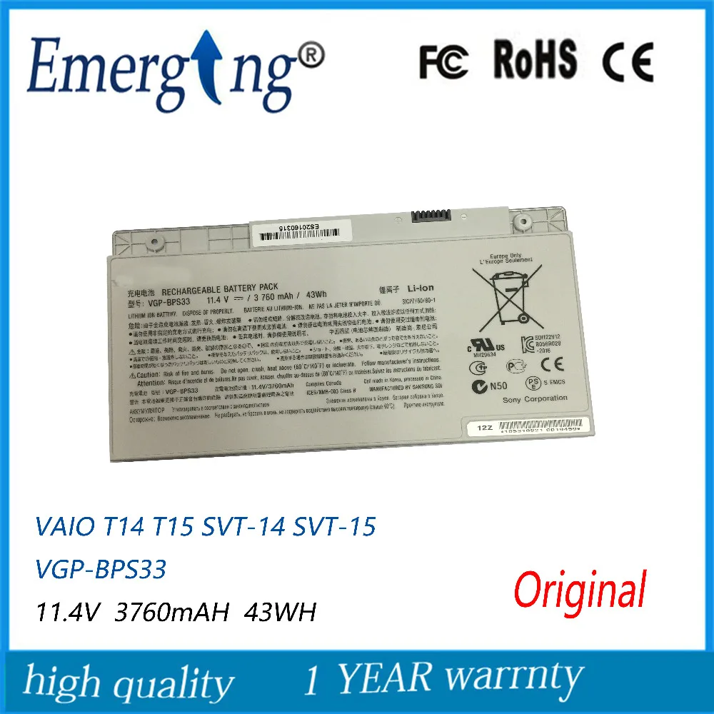 11.4V 43Wh Nuova Batteria Originale Per Laptop Per Sony Vgp-Bps33 Vaio Svt-14 Svt-15 T14 T15 Bps33 Touchscreen Ultrabooks
