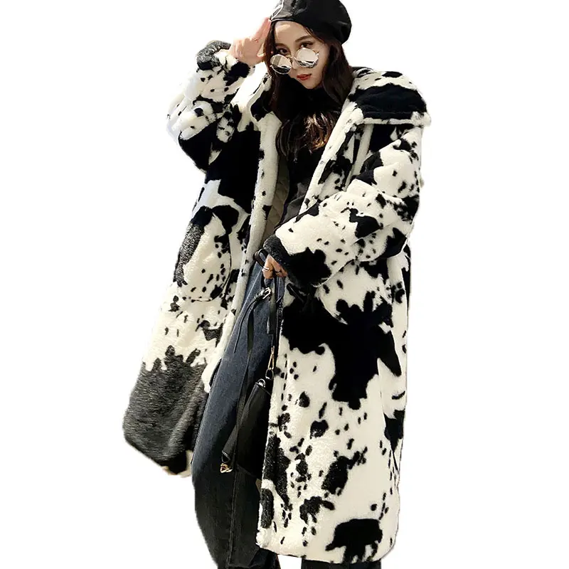 2023 Winter Parka Jacket Faux Fur Women Addensato Cow Pattern Cappotto Di Pelliccia Con Cappuccio Cappotto Oversize Allungato Veste Fourrure Homme