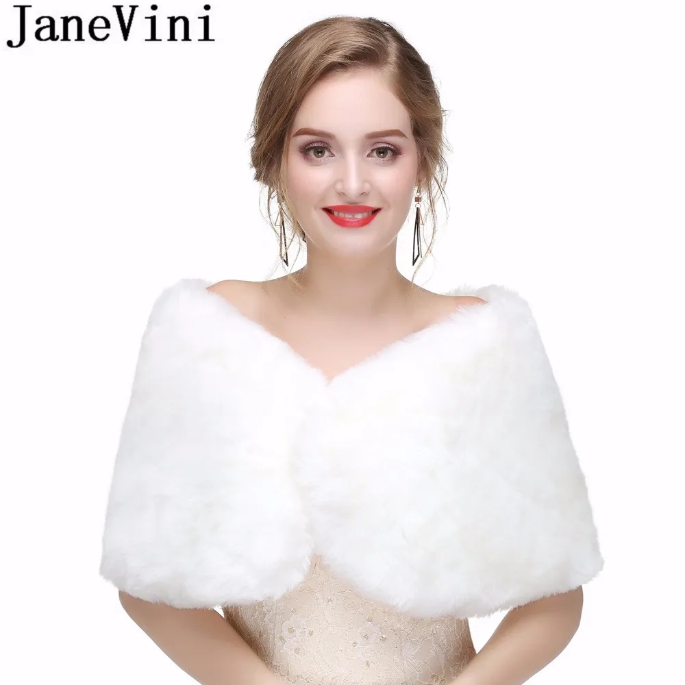 Janevini Chic Bridal White Cape Scialle Faux Fur Wrap Winter Wedding Party Sera Spalla Avvolge Stole Bolero Fourrure Mariage