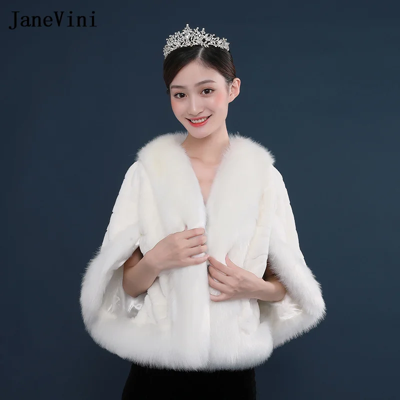 Janevini Fourrure Blanche White Faux Fur Wrap Winter Wedding Cape Braut Bolero Bridal Wedding Coat Boleros Formali Stole Scialli