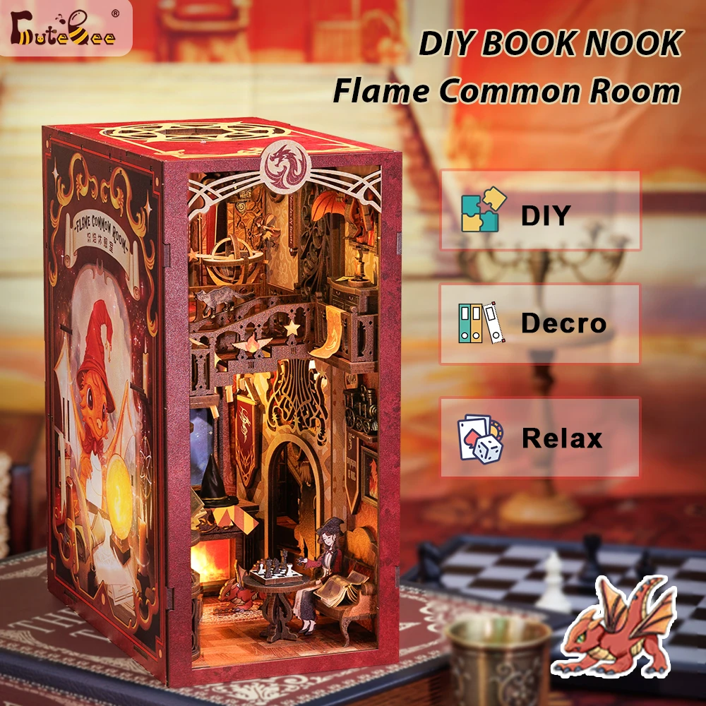 Cutebee Book Nook Doll House Puzzle 3D Con Touch Light Dust Cover Idee Regalo Magiche Inserto Per Scaffale Regali Giocattolo Fiamma Common Room